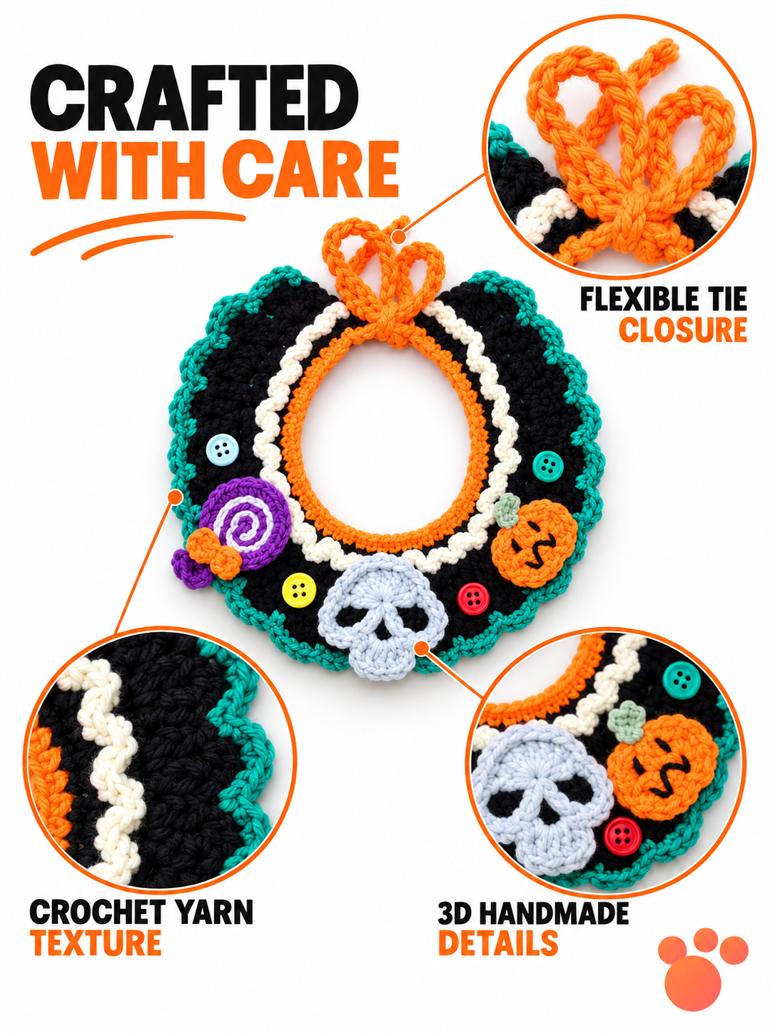 Handmade Crochet Halloween Pet Collar | Festive Dog and Cat Bib with Spooky Decorations image 3