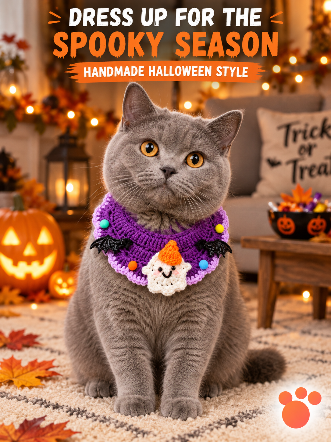 Handmade Crochet Halloween Pet Collar | Festive Dog and Cat Bib with Spooky Decorations image 2