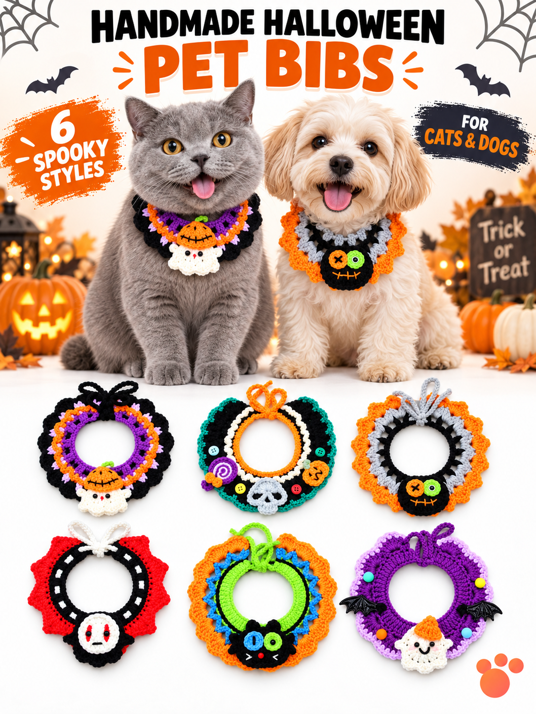 Handmade Crochet Halloween Pet Collar | Festive Dog and Cat Bib with Spooky Decorations