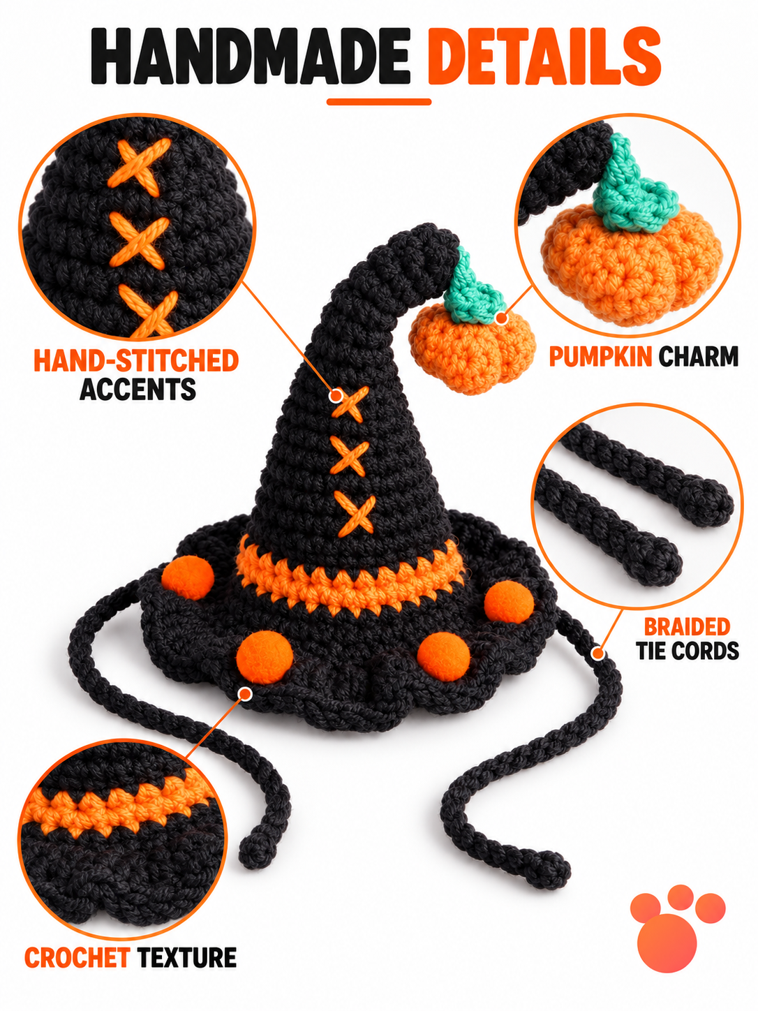 Handmade Crochet Halloween Witch Hat for Dogs and Cats | Pumpkin Pet Costume Accessory image 3