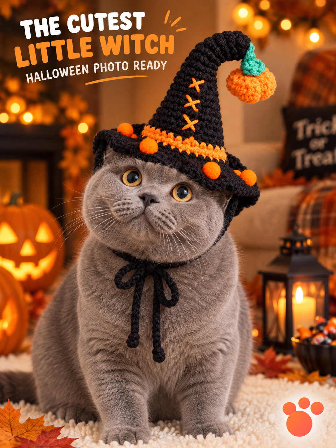 Handmade Crochet Halloween Witch Hat for Dogs and Cats | Pumpkin Pet Costume Accessory