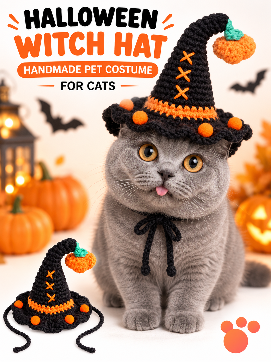 Handmade Crochet Halloween Witch Hat for Dogs and Cats | Pumpkin Pet Costume Accessory image 2