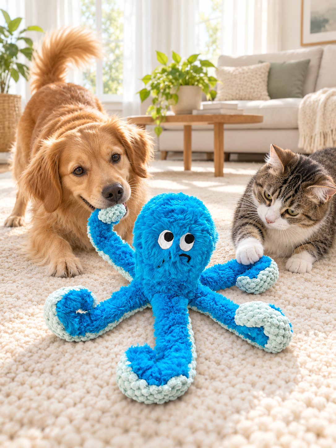 Plush Octopus Dog Toy with Squeaker and Treat-Hiding Design: Interactive Fun for Dogs and Cats