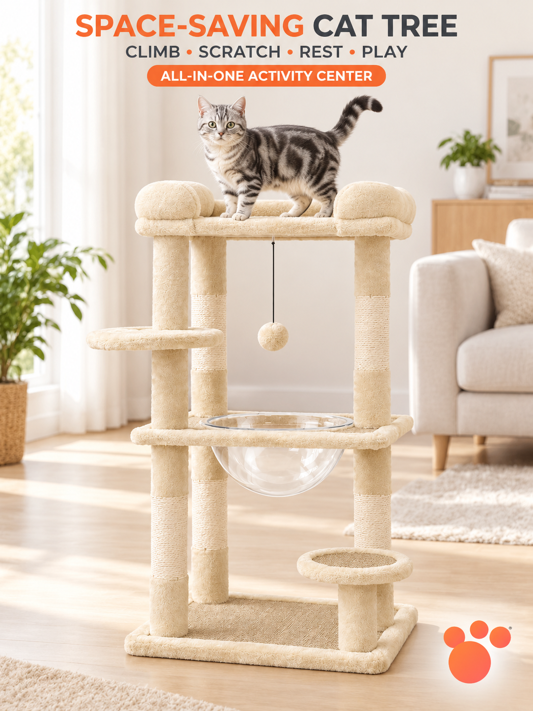 Multi-Level Cat Tree with Scratching Posts, Space-Saving Indoor Cat Tower with Clear Bowl Bed