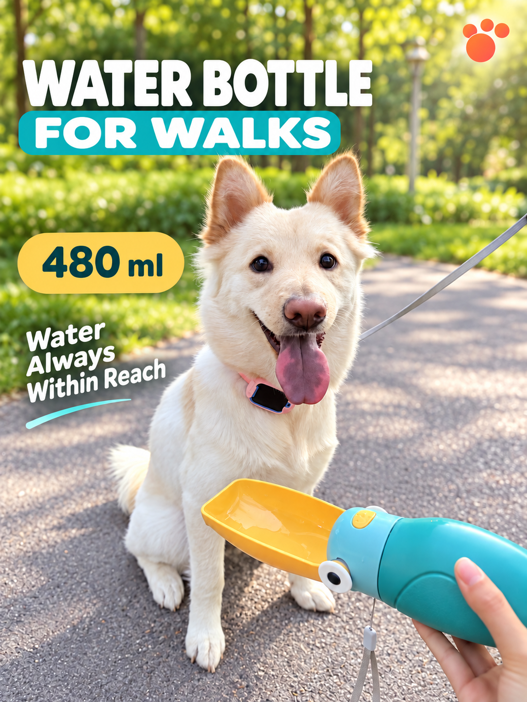 480ml Portable Dog Water Bottle with Foldable Drinking Bowl | Leak-Resistant Travel Pet Dispenser